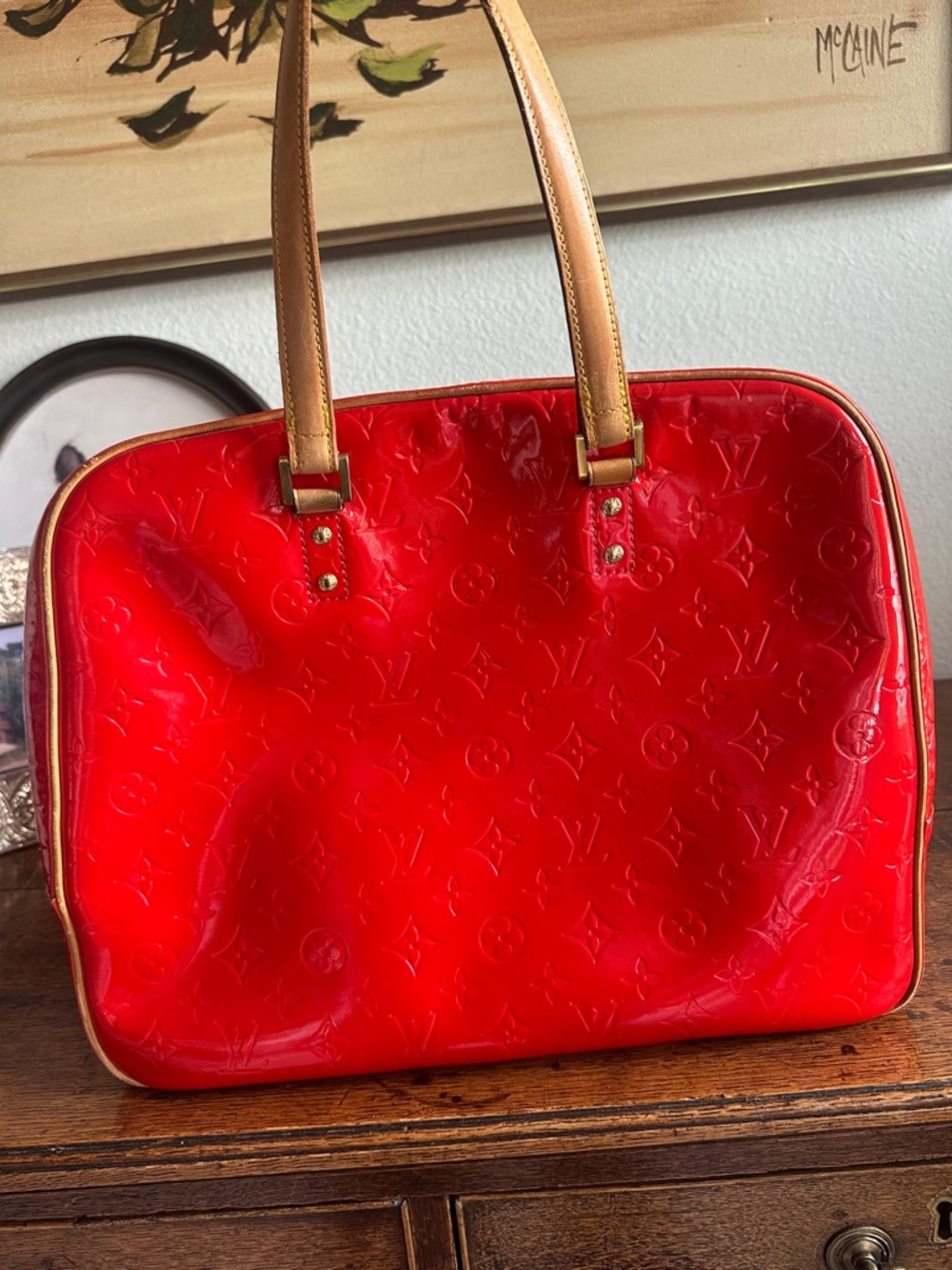 Louis Vuitton Sutton Red Patent Monogram satchel Bag with Tan Trim - Picture 11 of 17